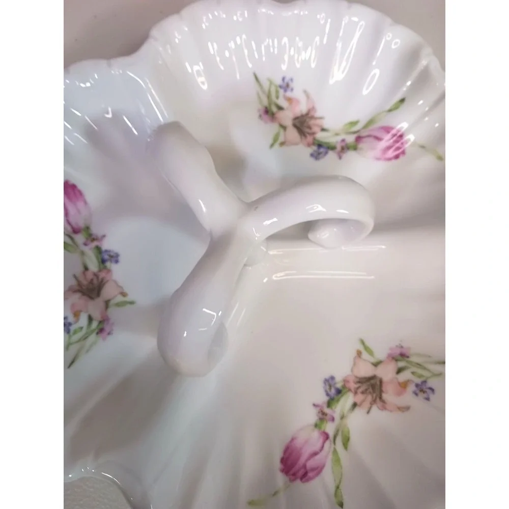Vintage Porcelain Candy Dish Floral Ring Handle Trinket Vanity Bowl Shabby Chic